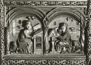 Döbeln, Nicolaikirche, Innenraum, Altar : Flügelaltar, Detail des rechten Flügels mit den Evangelisten Markus und Lukas