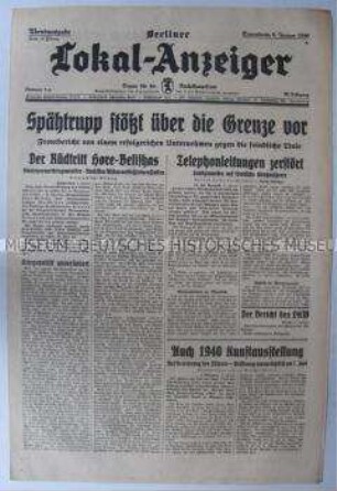 Tageszeitung "Berliner Lokal-Anzeiger" u.a. über den Rücktritt des engl. Kriegsministers Hore-Belisha