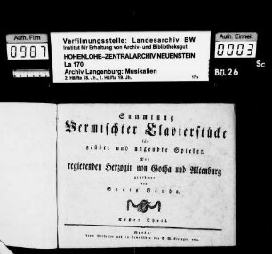 Georg Benda: Sammlung / vermischter Clavierstücke / für / geübte und ungeübte Spieler / Der / regierenden Herzogin von Gotha und Altenburg / gewidmet / von / Georg Benda / Erster Theil Gotha, C.W. Ettinger.