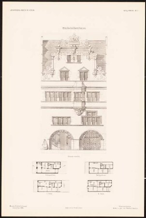 Einfamilienhaus: Ansicht von der Straßenseite, Grundrisse 1. OG, 2. OG, Dachgeschoss, Keller (aus: Entwürfe von Mitgl. d. AVB, Neue Folge 1898/99)