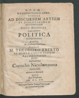 Manuductionis Aphoristicae Ad Discursum Artium Et Disciplinarum Methodicum Sectio Duodecima