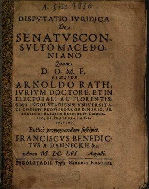 Dispvtatio Ivridica De Senatvsconsvlto Macedoniano