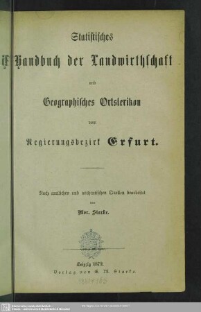 Statistisches Handbuch der Landwirthschaft und Geographisches Ortslexikon vom Regierungsbezirk Erfurt