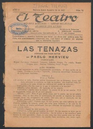 1922007200: Las tenazas : comedia en tres actos