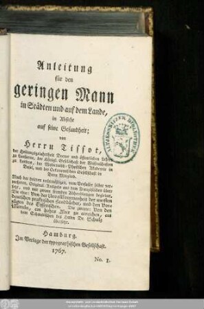 Anleitung für den geringen Mann in Städten und auf dem Lande in Absicht auf seine Gesundheit