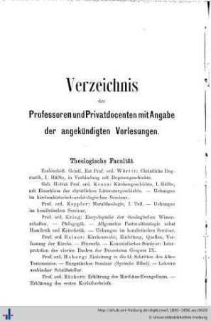 Verzeichnis der Professoren und Privatdocenten mit Angabe der angekündigten Vorlesungen.