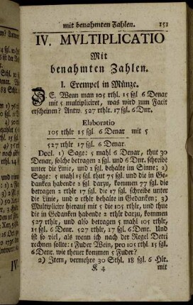IV. Multiplicatio Mit benahmten Zahlen.