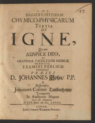 Dissertationum Chymico-Physicarum Tertia De Igne