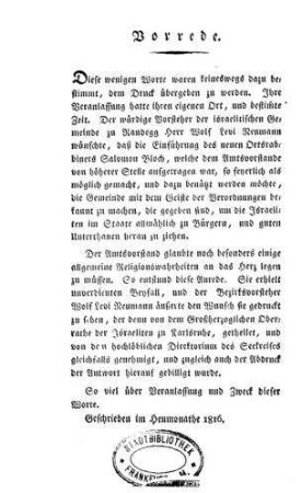 Rede bey der feyerlichen Vorstellung des Ortsrabbiners Salomon Bloch zu Randegg : gesprochen ... 1816 von K. Walchner ; nebst der Antwort des Salomon Bloch / K. Walchner ; Salomon Bloch