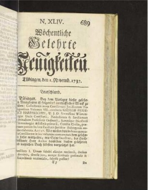 N. XLIV. Tübingen, den 1. Novemb. 1737