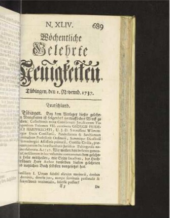 N. XLIV. Tübingen, den 1. Novemb. 1737