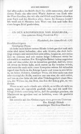 An den Kronprinzen von Dänemark, (den späteren König Friedrich VI.)