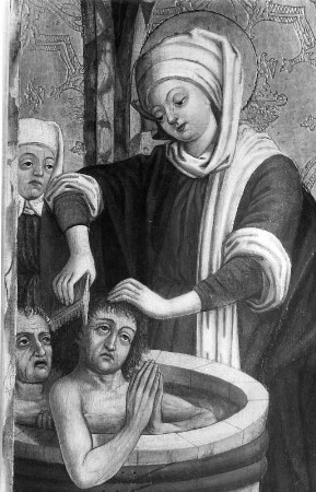 Die heilige Elisabeth, einen Armen im Badebottich kämmend : Die heilige Elisabeth, einen Armen im Badebottich kämmend. Tafelmalerei (vor 1530; Simon von Taisten). Meersburg, Altes Schloss, Burgkapelle
