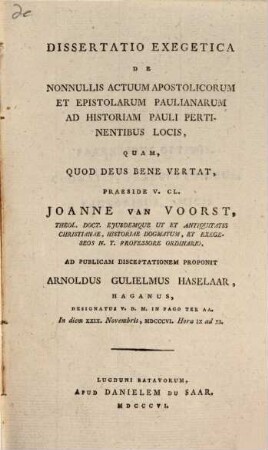 Diss. exeg. de nonnullis Actuum Apostolicorum et Epistolarum Paulianarum ad historiam Pauli pertinentibus locis