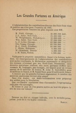 Les Grandes Fortunes en Amérique