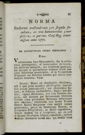Norma Studiorum tractandorum pro singula facultate, ac una humanioribus praescripta, [...]