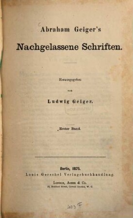 Nachgelassene Schriften : Herausgegeben von Ludwig Geiger. 1
