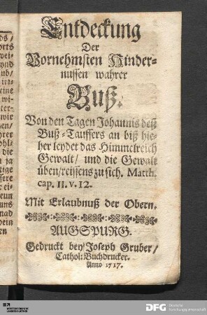 Entdeckung Der Vornehmsten Hindernussen wahrer Buß