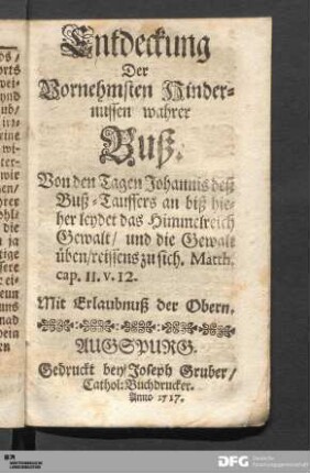 Entdeckung Der Vornehmsten Hindernussen wahrer Buß