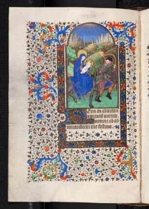 Bordüren-Miniatur-Seite: (Marienoffizium: Vesper) Flucht nach Ägypten; Zierinitiale: D(eus in adiutorium meum intende)