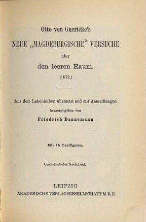 Otto von Guericke's Neue "Magdeburgische" Versuche über den leeren Raum : 1678