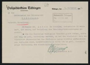 Polizeidirektion Tübingen an Sekretariat Tübingen 9.11.1935