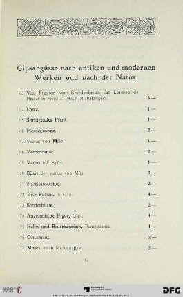 Gipsabgüsse nach antiken und modernen Werken und nach der Natur (Nr. 63-123)