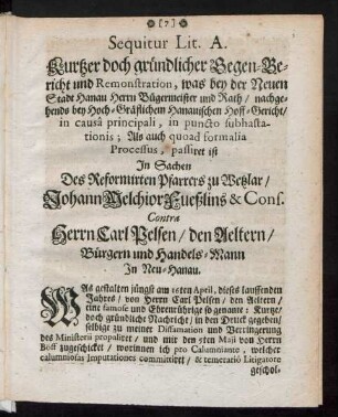 Sequitur Lit A. Kurtzer doch gründlicher Gegen-bericht und Remonstration, was bei der neuen Stadt Hanau ...