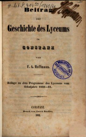 Programm des Grossherzoglichen Lyceums in Constanz : vom Schuljahre .... 1860/61