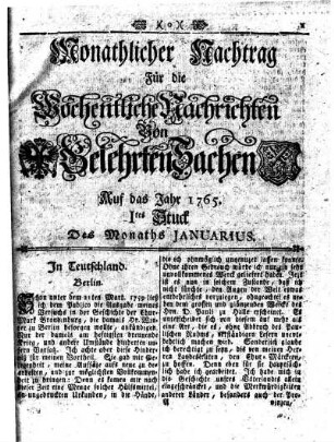Monathliche Nachtrag [...] Auf das Jahr 1765 Ites Stuck Des Monaths Januarius
