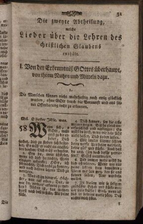 I. Von der Erkenntniß Gottes überhaupt, von ihrem Nutzen und Mitteln dazu.
