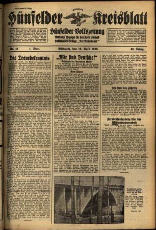Erste Ausgabe vom Mittwoch, den 13. April 1938.