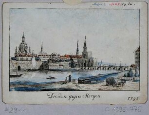 Ansicht von Dresden, Blick von der rechten Elbseite in Höhe des heutigen Finanzministeriums auf die Altstadt und die Augustusbrücke