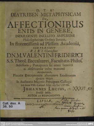 Diatriben Metaphysicam De Affectionibus Entis In Genere