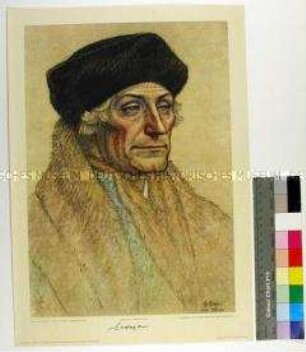 Reproduktion eines Porträts des niederländischen Humanisten und Theologen Erasmus von Rotterdam, gemalt von Helmut Berger nach Holbein dem Jüngeren