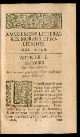 Amusemens Litteraires, Moraux & Politiques. Mai. 1738