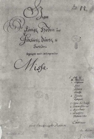 Messe in h-Moll, BWV 232 : Bach, Johann Sebastian: Messe in h-Moll, BWV 232. Leipzig, 1733. Umschlagtitel der Original-Stimmen. Autograph; 37 x 25,7 (51,1) cm. Dresden: SLUB Mus.2405-D-21