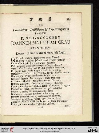 D. Neo - Doctorem Joannem Matthiam Grau, Epinicion: Lemma. Hanc dextram mors ipsa fugit