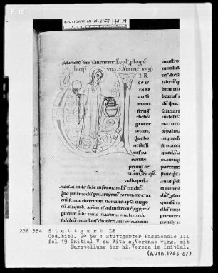 Stuttgarter Passionale — Ergänzungsband — Initiale V (irgo ista beatissima), mit der heiligen Verena, Folio 19recto