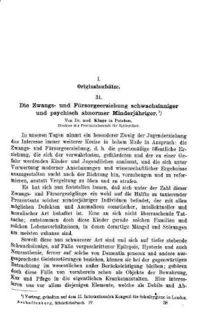 593-612, Die Zwangs- und Fürsorgeerziehung schwachsinniger und psychisch abnormer Minderjähriger