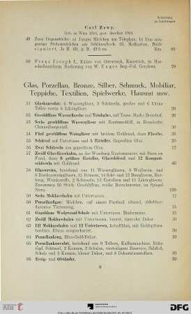 Glas, Porzellan, Bronze, Silber, Schmuck, Mobiliar, Teppiche, Textilien, Spielwerke, Hausrat usw. (Nr. 51-247)