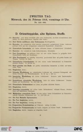 D. Orientteppiche, alte Spitzen, Stoffe (Nr. 323-490)