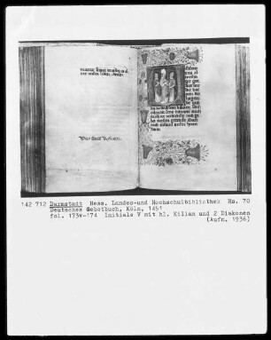 Lochner-Gebetbuch / Deutsches Gebetbuch — Sankt Kilian mit zwei Diakonen, Folio 174recto