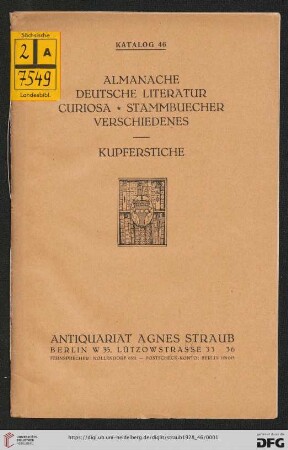 Nr. 46: Katalog: Almanache, deutsche Literatur, Curiosa, Stammbuecher, Verschiedenes, Kupferstiche