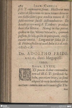 Dn. Adolpho Friderico, duci Megapolitano. Epist. LXXIX.