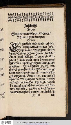 Zuschrifft an den eingebornen Sohn Gottes JEsum Chrstum unsern HErrn