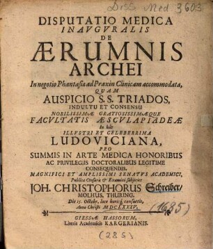Disputatio Medica Inavgvralis De Aerumnis Archei In negotio Phantasiae ad Praxin Clinicam accommodata