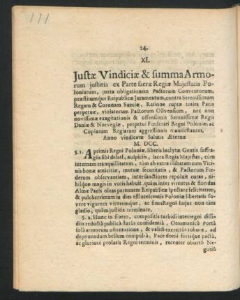 XI. Iustae Vindiciae & summa Armorum iustitia ex Parte sacrae Regiae Majestatis Poloniarum ...