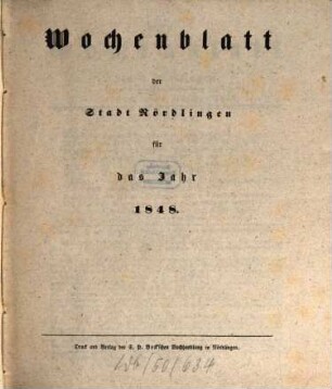 Wochenblatt der Stadt Nördlingen, 1848
