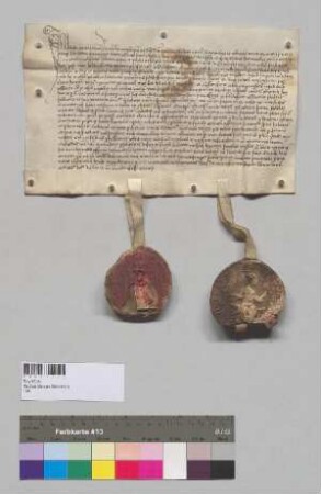 Abt Kaspar, Prior Bernard und der Konvent von Kloster Tegernsee schließen eine Gebetsverbrüderung mit Kloster Seeon. S1: Abt Kaspar v. Kl. Tegernsee, S2: Konvent v. Tegernsee